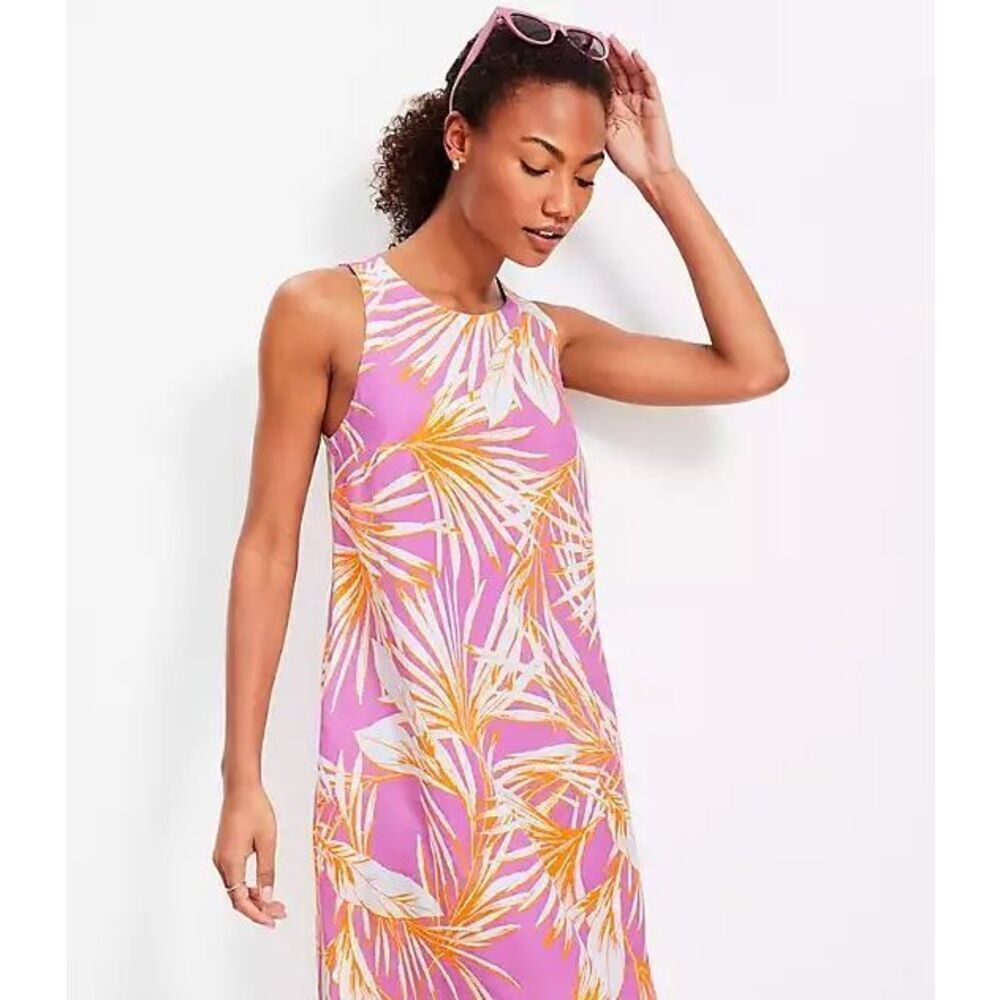 Loft Backless Tropical Linen Swing Dress in Orange & Pink Size Medium